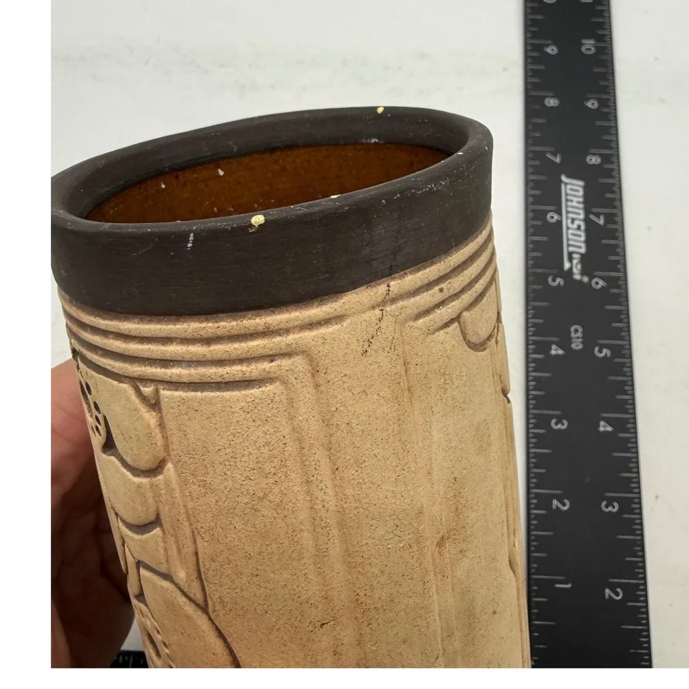 Vintage Studio Pottery Floral Relief Stoneware Cylinder Vase Beige Brown 7.5in